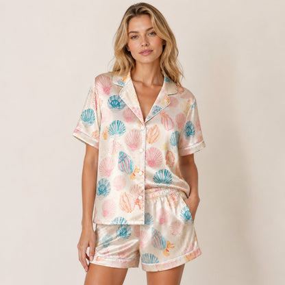 PJ-072-Satin White Pastel Seashell Classic Piping Button Up Pajama Set