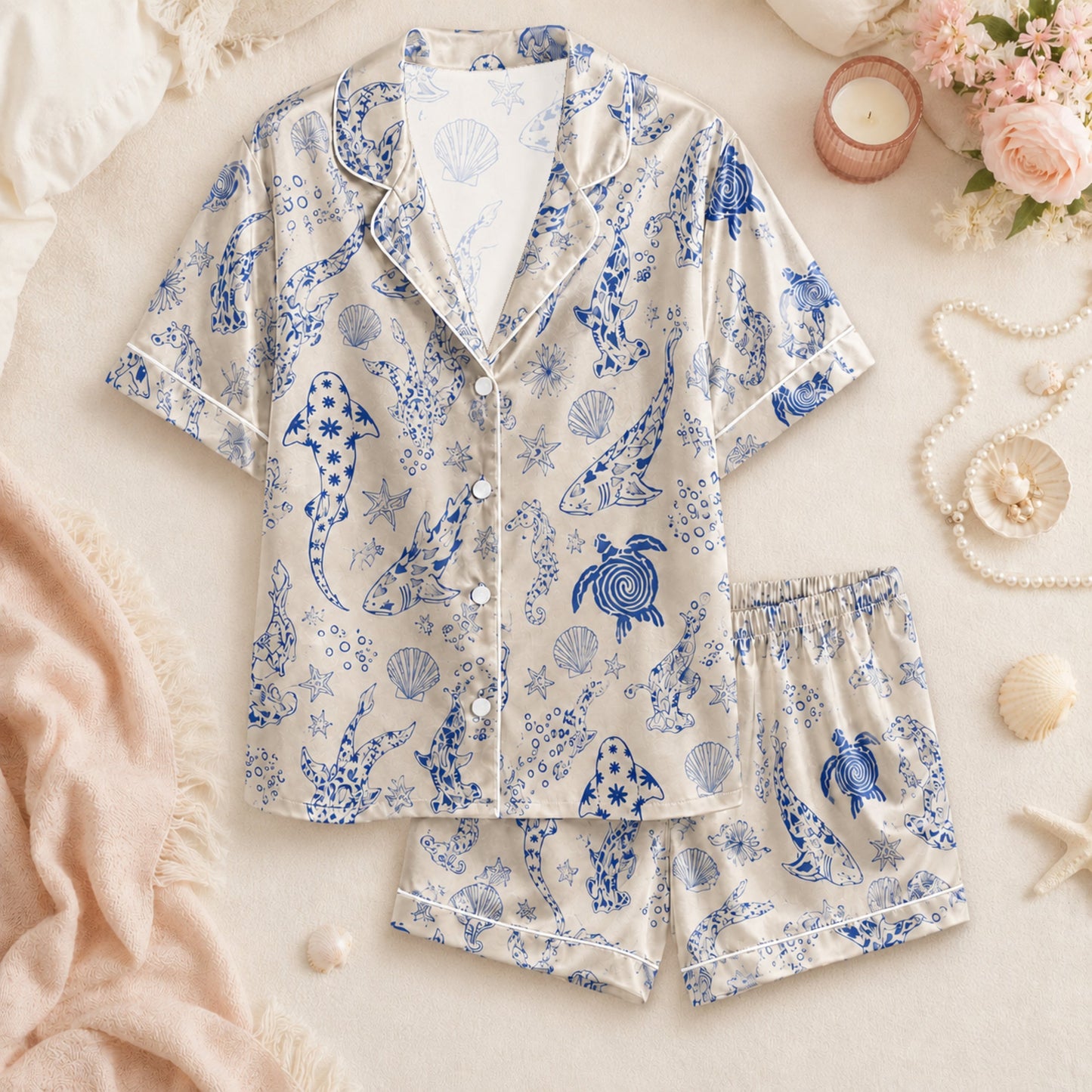 PJ-073-Satin Colorful Marine Life Classic Piping Button Up Pajama Set
