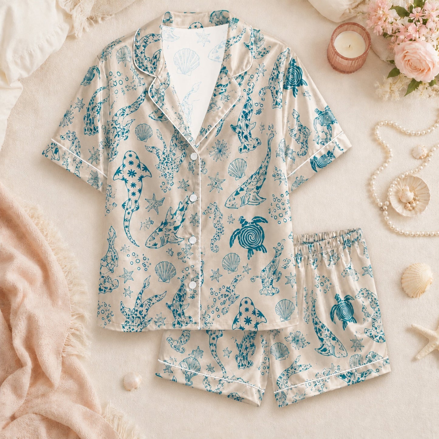 PJ-073-Satin Colorful Marine Life Classic Piping Button Up Pajama Set