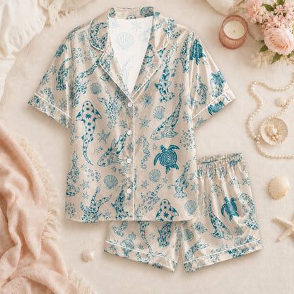 PJ-073-Satin Colorful Marine Life Classic Piping Button Up Pajama Set