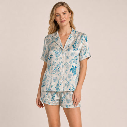 PJ-073-Satin Colorful Marine Life Classic Piping Button Up Pajama Set