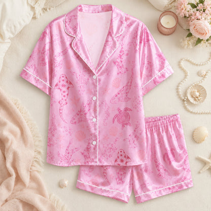 PJ-073-Satin Colorful Marine Life Classic Piping Button Up Pajama Set