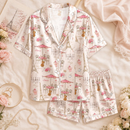 PJ-074-Unisex Pink Paris Eiffel Tower Print Satin Pajamas French Cafe Loungewear Sleepwear Nightwear Pjs Two Piece