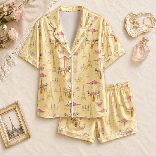 PJ-075-Unisex Yellow Paris Eiffel Tower Print Satin Pajamas French Cafe Loungewear Sleepwear Nightwear Pjs Two Piece