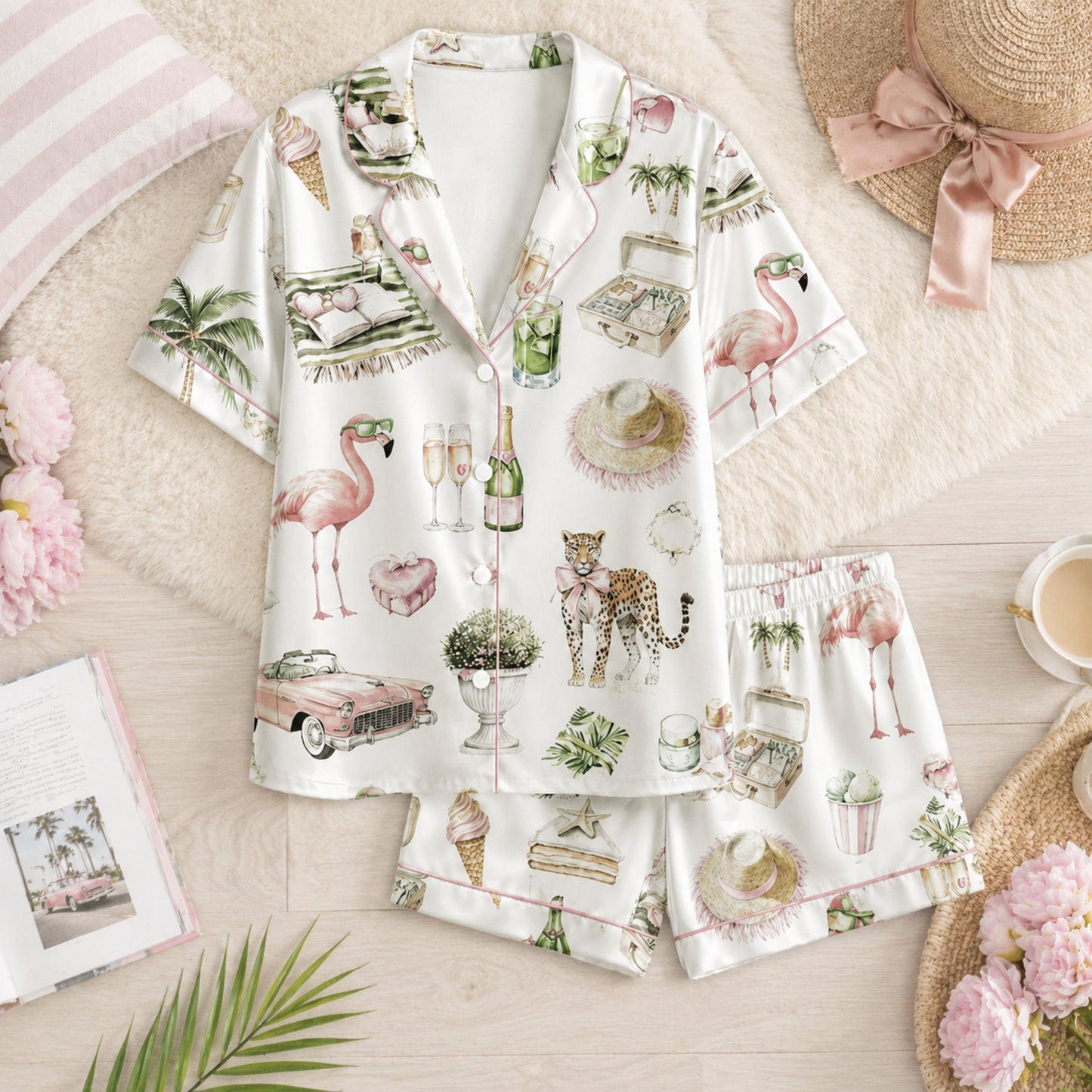 PJ-076-Satin White Retro Flamingo Pink Piping Button Up Pajama Set