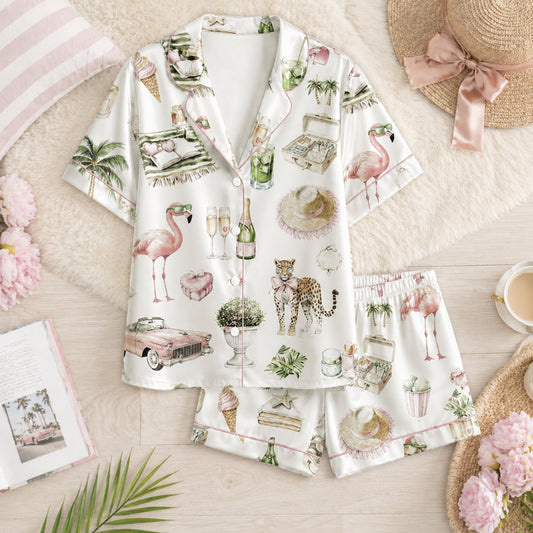 PJ-076-Satin White Retro Flamingo Pink Piping Button Up Pajama Set