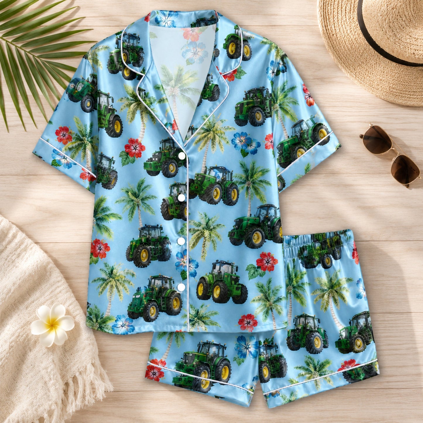 PJ-077-Unisex Blue Green Tractor Print Satin Pajamas Palm Tree Tropical Loungewear Sleepwear Nightwear Pjs Two Piece