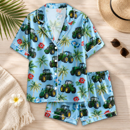 PJ-077-Unisex Blue Green Tractor Print Satin Pajamas Palm Tree Tropical Loungewear Sleepwear Nightwear Pjs Two Piece