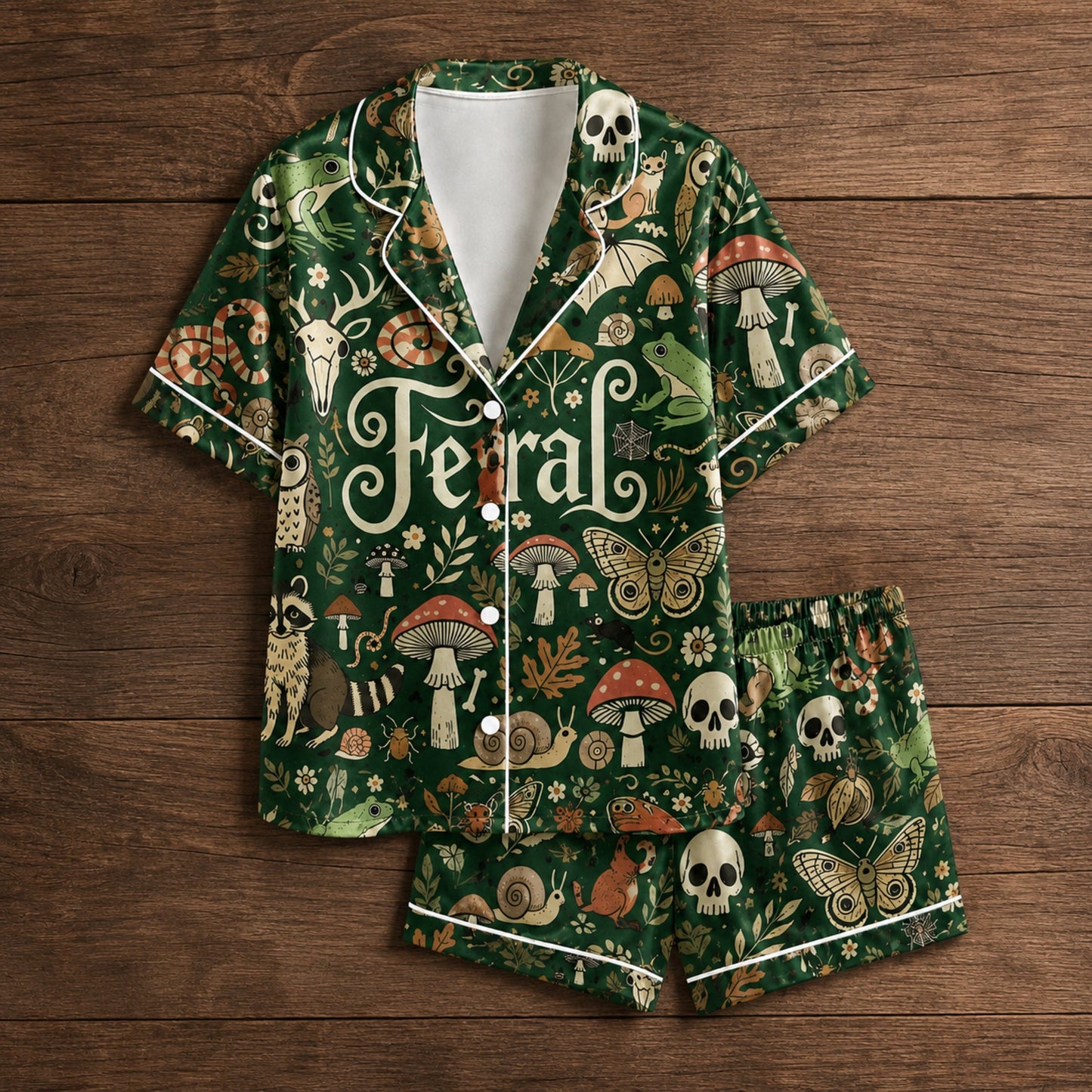 PJ-078-Feral Forest Pajama Set Featuring Woodland Animals, Mushrooms, Skulls, and Mystical Nature Print