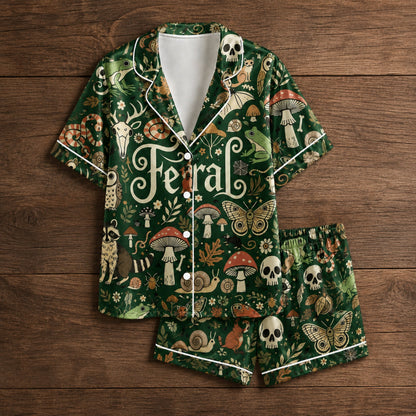 PJ-078-Feral Forest Pajama Set Featuring Woodland Animals, Mushrooms, Skulls, and Mystical Nature Print