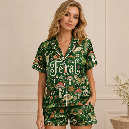 PJ-078-Feral Forest Pajama Set Featuring Woodland Animals, Mushrooms, Skulls, and Mystical Nature Print