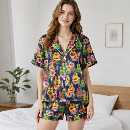 PJ-079-Colorful Ukulele Pajama Set Featuring Hibiscus Flowers and Tropical Summer Pattern Design