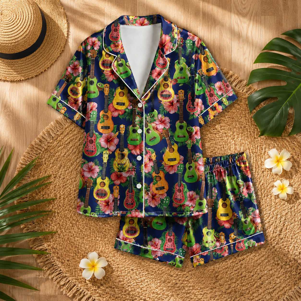 PJ-079-Colorful Ukulele Pajama Set Featuring Hibiscus Flowers and Tropical Summer Pattern Design