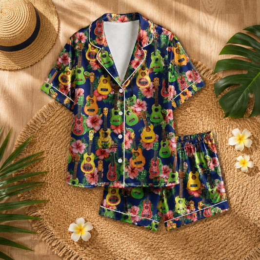 PJ-079-Colorful Ukulele Pajama Set Featuring Hibiscus Flowers and Tropical Summer Pattern Design