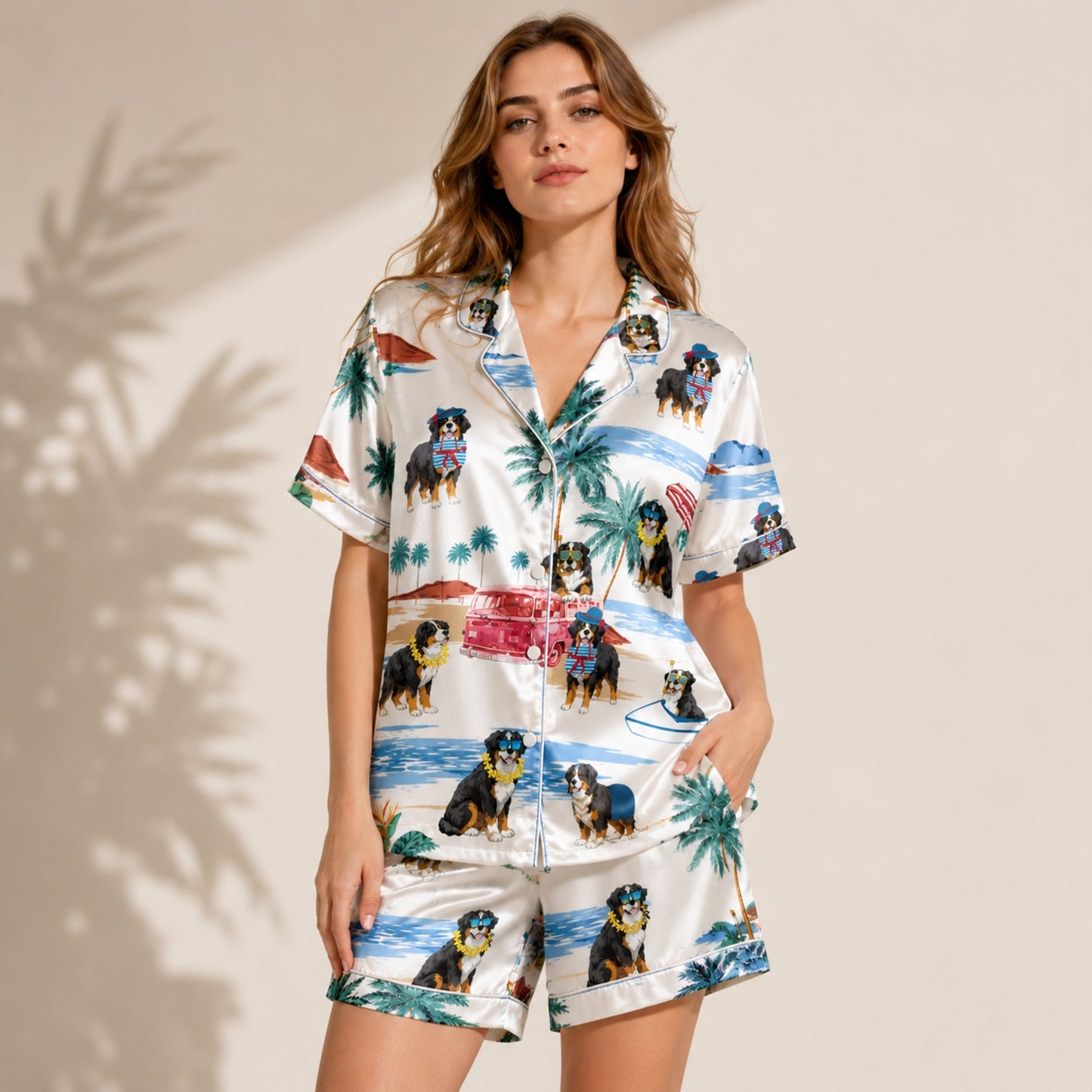 PJ-081-Tropical Dog Pajama Set with Sunglasses Dogs, Vintage Car, and Summer Beach Artwork