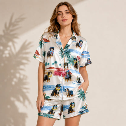 PJ-081-Tropical Dog Pajama Set with Sunglasses Dogs, Vintage Car, and Summer Beach Artwork