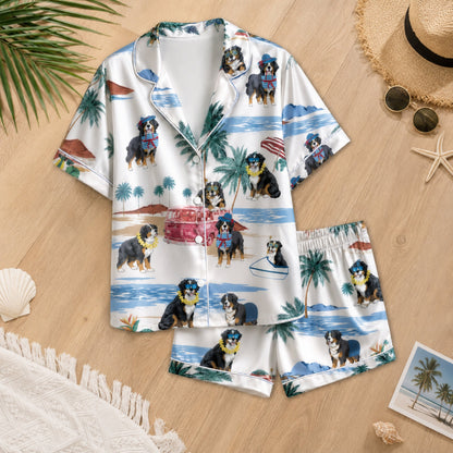 PJ-081-Tropical Dog Pajama Set with Sunglasses Dogs, Vintage Car, and Summer Beach Artwork