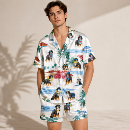 PJ-081-Tropical Dog Pajama Set with Sunglasses Dogs, Vintage Car, and Summer Beach Artwork
