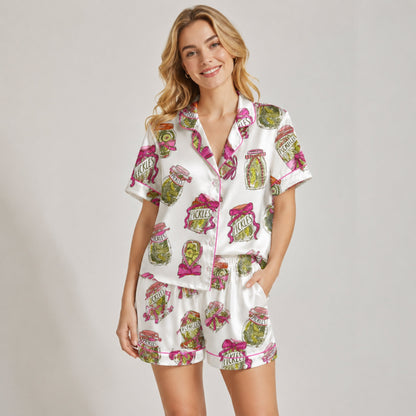 PJ-082-Pickle Jar Pajama Set with Vintage Mason Jar Labels and Food-Themed Novelty Pattern