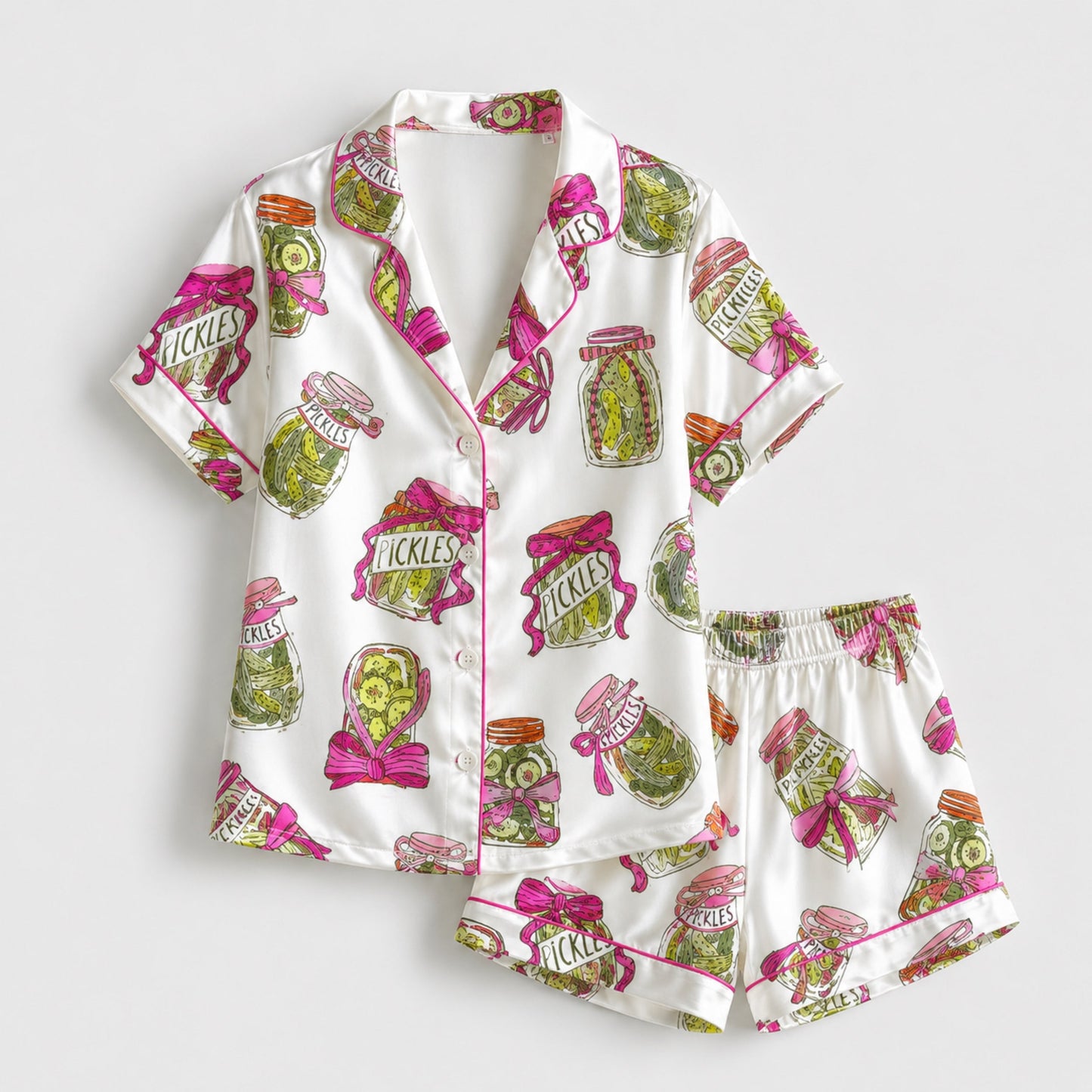 PJ-082-Pickle Jar Pajama Set with Vintage Mason Jar Labels and Food-Themed Novelty Pattern
