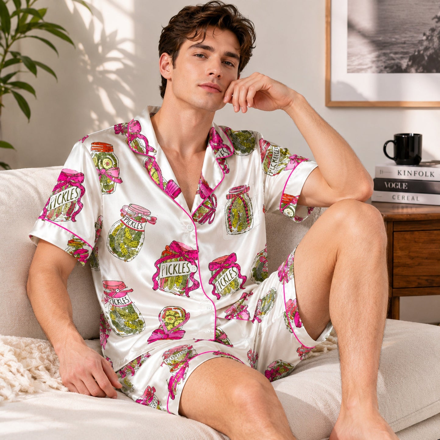 PJ-082-Pickle Jar Pajama Set with Vintage Mason Jar Labels and Food-Themed Novelty Pattern