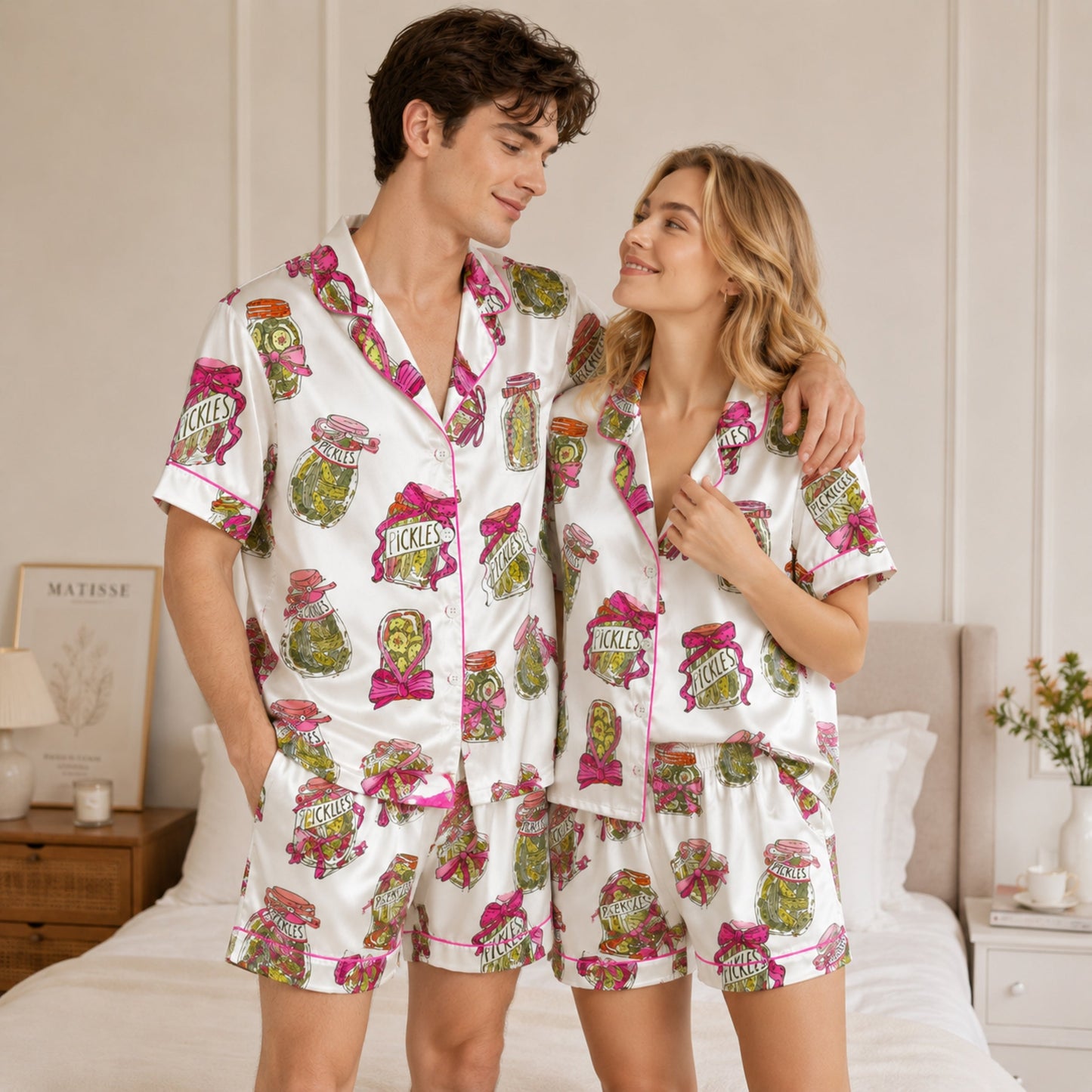 PJ-082-Pickle Jar Pajama Set with Vintage Mason Jar Labels and Food-Themed Novelty Pattern