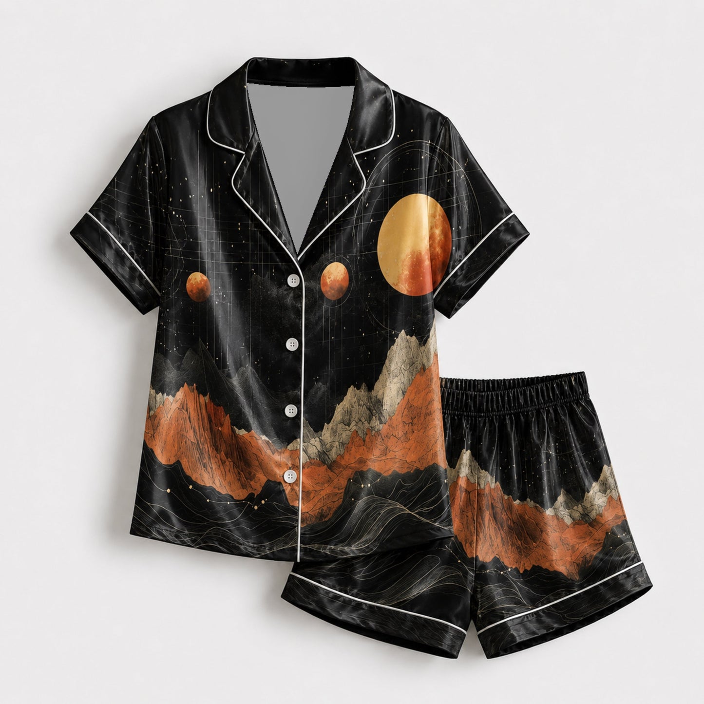 PJ-083-Moon Mountain Pajama Set Featuring Celestial Landscape, Planets, and Starry Night Artwork