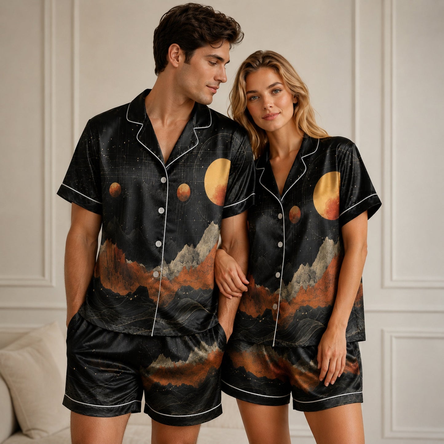 PJ-083-Moon Mountain Pajama Set Featuring Celestial Landscape, Planets, and Starry Night Artwork