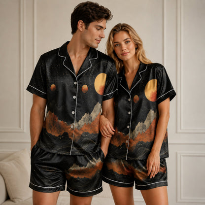 PJ-083-Moon Mountain Pajama Set Featuring Celestial Landscape, Planets, and Starry Night Artwork