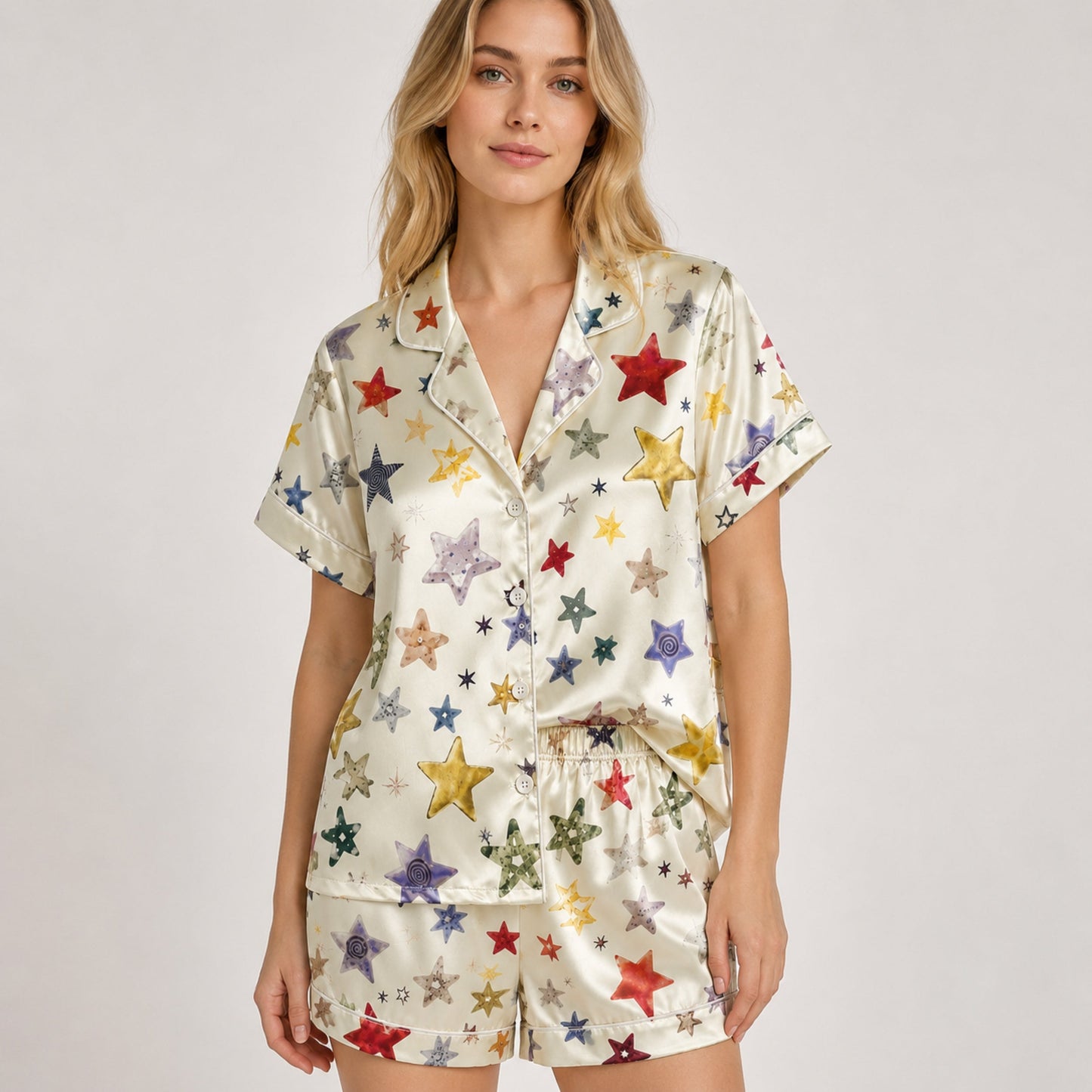 PJ-084-Unisex Star Pajama Set with Colorful Celestial Star Pattern and Matching Sleepwear