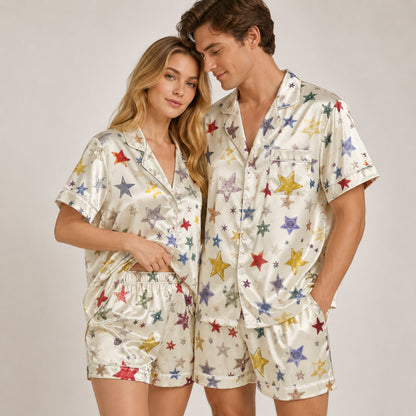 PJ-084-Unisex Star Pajama Set with Colorful Celestial Star Pattern and Matching Sleepwear