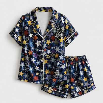 PJ-085-Unisex Star Pajama Set with Colorful Celestial Star Pattern and Matching Sleepwear