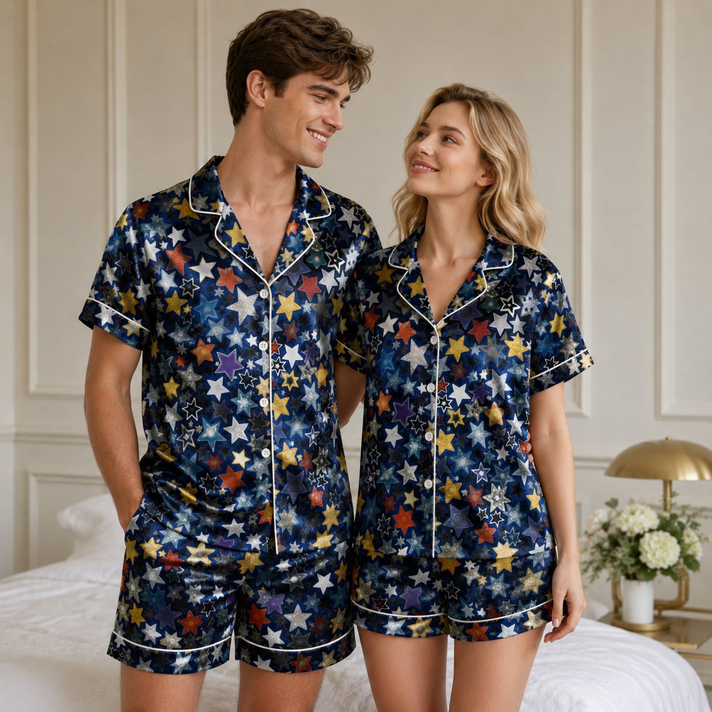 PJ-085-Unisex Star Pajama Set with Colorful Celestial Star Pattern and Matching Sleepwear