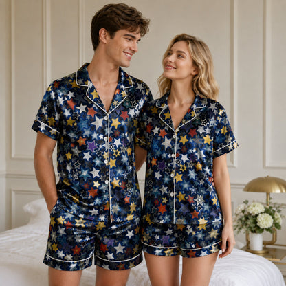 PJ-085-Unisex Star Pajama Set with Colorful Celestial Star Pattern and Matching Sleepwear