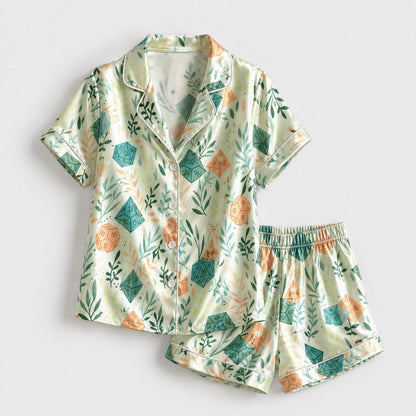 PJ-086-Dice and Leaves Pajama Set with Polyhedral RPG Pattern and Whimsical Game Artwork