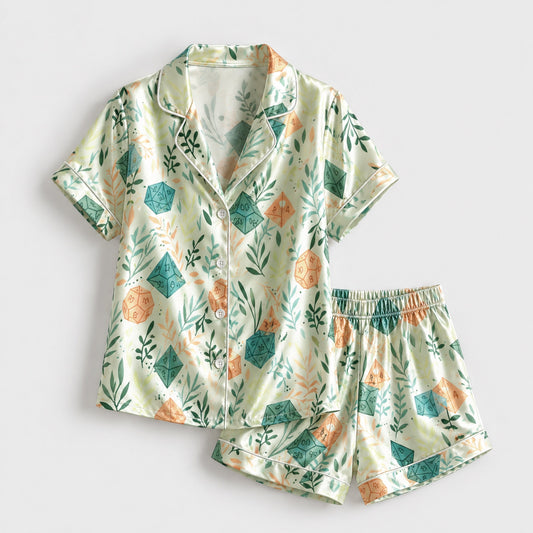 PJ-086-Dice and Leaves Pajama Set with Polyhedral RPG Pattern and Whimsical Game Artwork