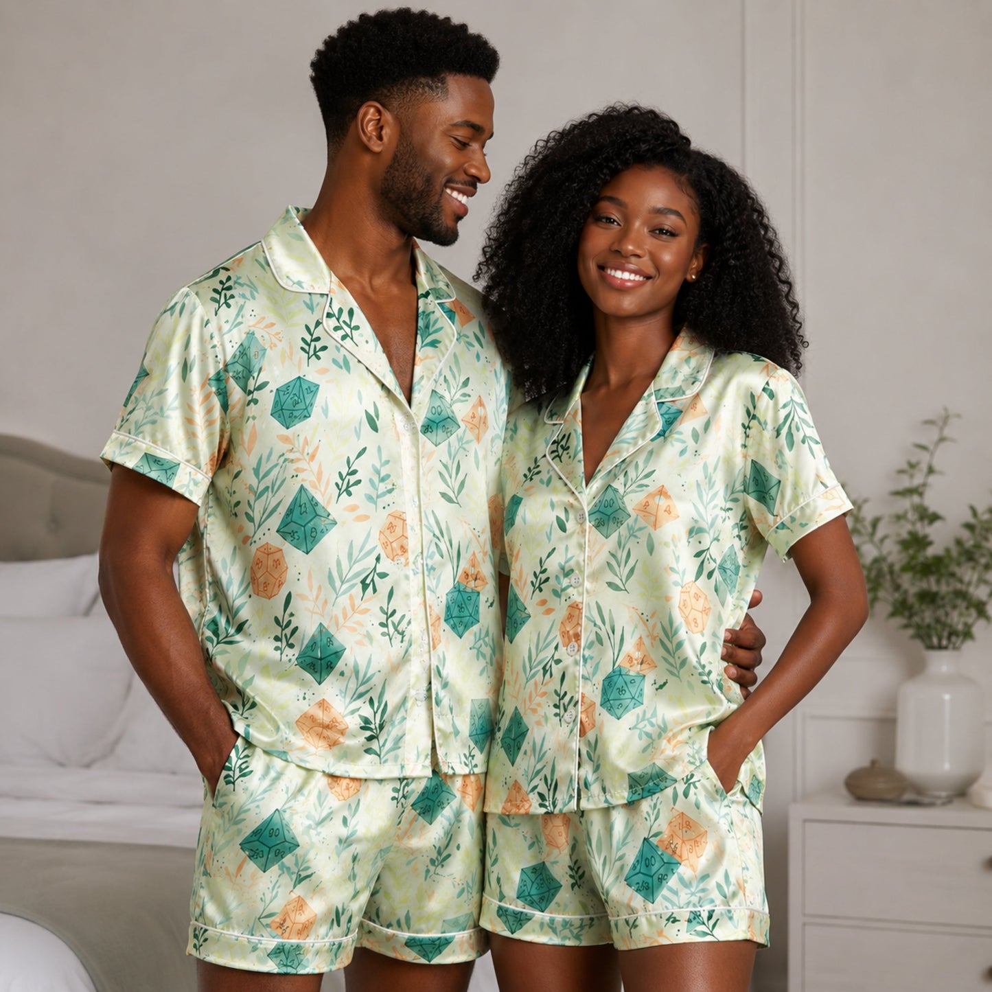 PJ-086-Dice and Leaves Pajama Set with Polyhedral RPG Pattern and Whimsical Game Artwork