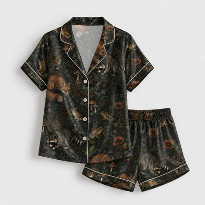 PJ-087-Forest Wildlife Pajama Set with Woodland Animals, Botanical Elements, and Natural Pattern Design