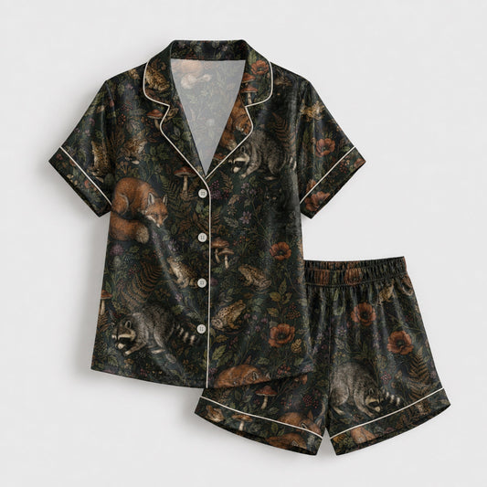 PJ-087-Forest Wildlife Pajama Set with Woodland Animals, Botanical Elements, and Natural Pattern Design