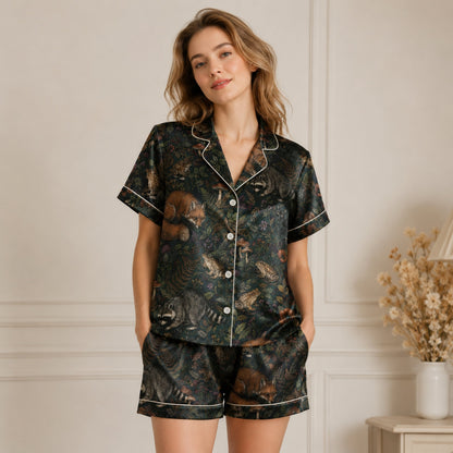 PJ-087-Forest Wildlife Pajama Set with Woodland Animals, Botanical Elements, and Natural Pattern Design
