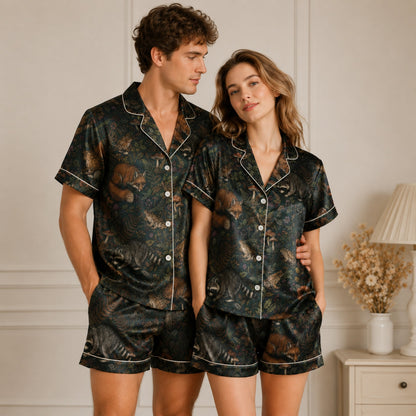 PJ-087-Forest Wildlife Pajama Set with Woodland Animals, Botanical Elements, and Natural Pattern Design