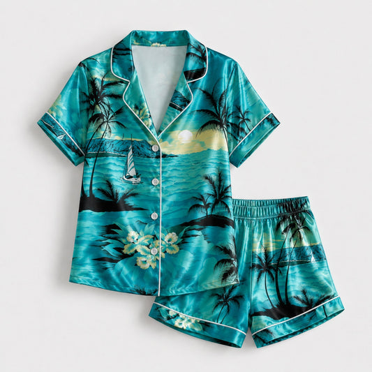 PJ-088-Unisex Tropical Ocean Pajama Set with Palm Trees, Sailboats, and Sunset Beach Pattern