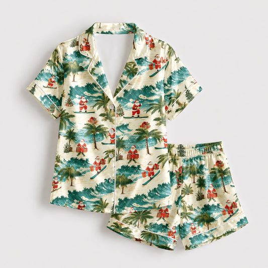PJ-090-Unisex Christmas Tropical Santa Palm Tree Satin Pajama Set with High Quality Holiday Beach Print