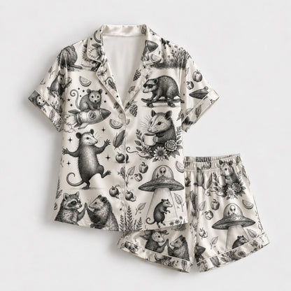 PJ-091-Unisex Christmas Tropical Santa Palm Tree Satin Pajama Set with High Quality Holiday Beach Print