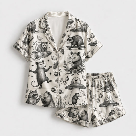 PJ-091-Unisex Christmas Tropical Santa Palm Tree Satin Pajama Set with High Quality Holiday Beach Print