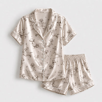 PJ-094-Unisex Dachshund Dog Star Sketch Satin Pajama Set with High Quality Minimal Puppy Print