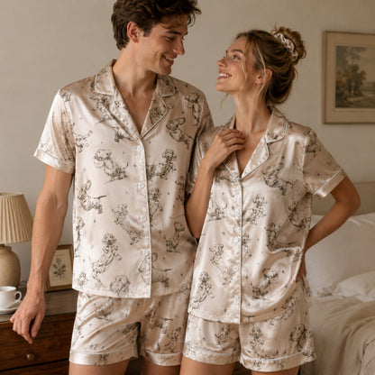 PJ-094-Unisex Dachshund Dog Star Sketch Satin Pajama Set with High Quality Minimal Puppy Print