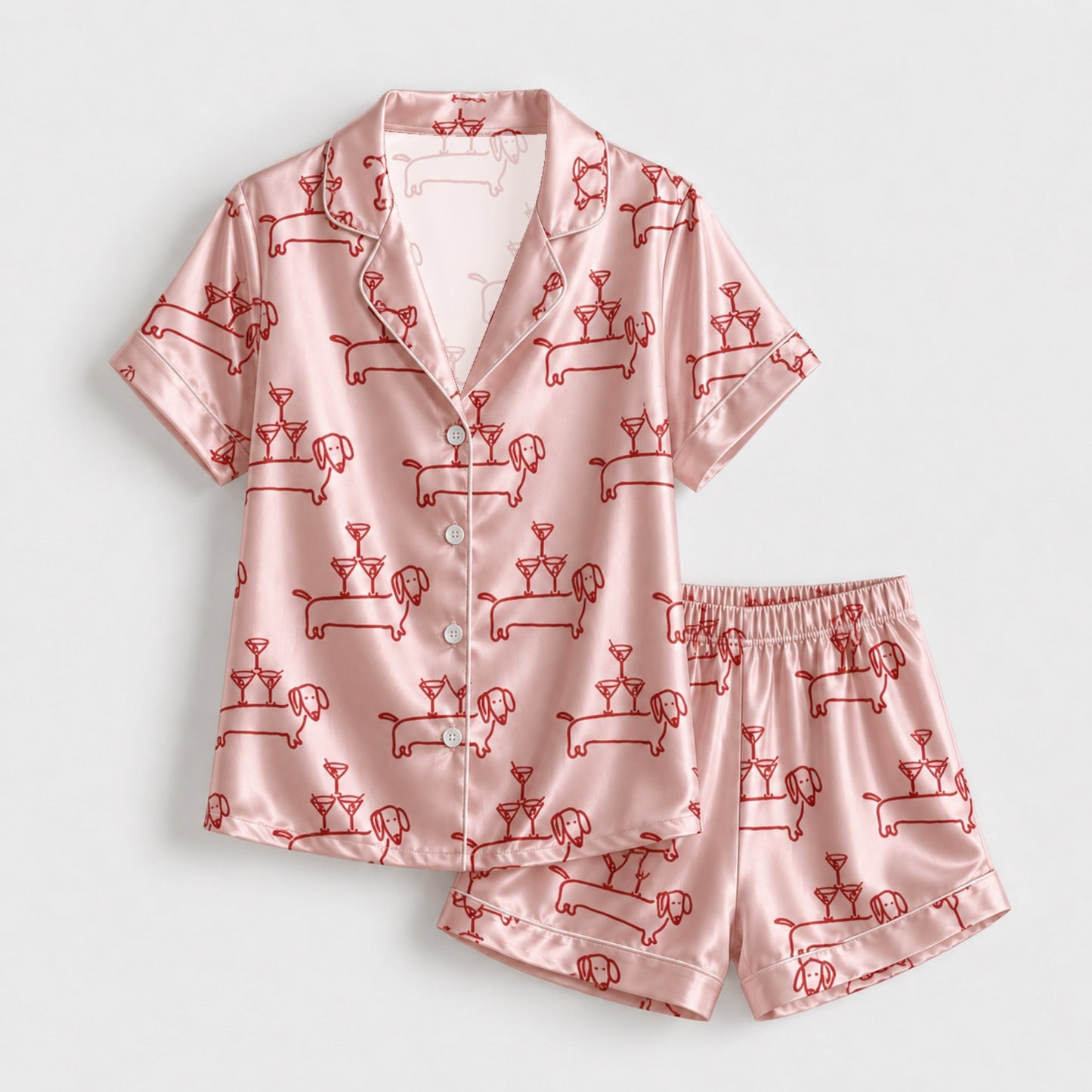 PJ-095-Unisex Dachshund Martini Line Art Satin Pajama Set with High Quality Pink Dog Print