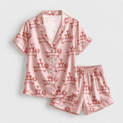 PJ-095-Unisex Dachshund Martini Line Art Satin Pajama Set with High Quality Pink Dog Print