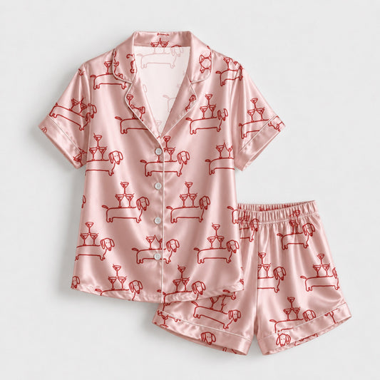 PJ-095-Unisex Dachshund Martini Line Art Satin Pajama Set with High Quality Pink Dog Print